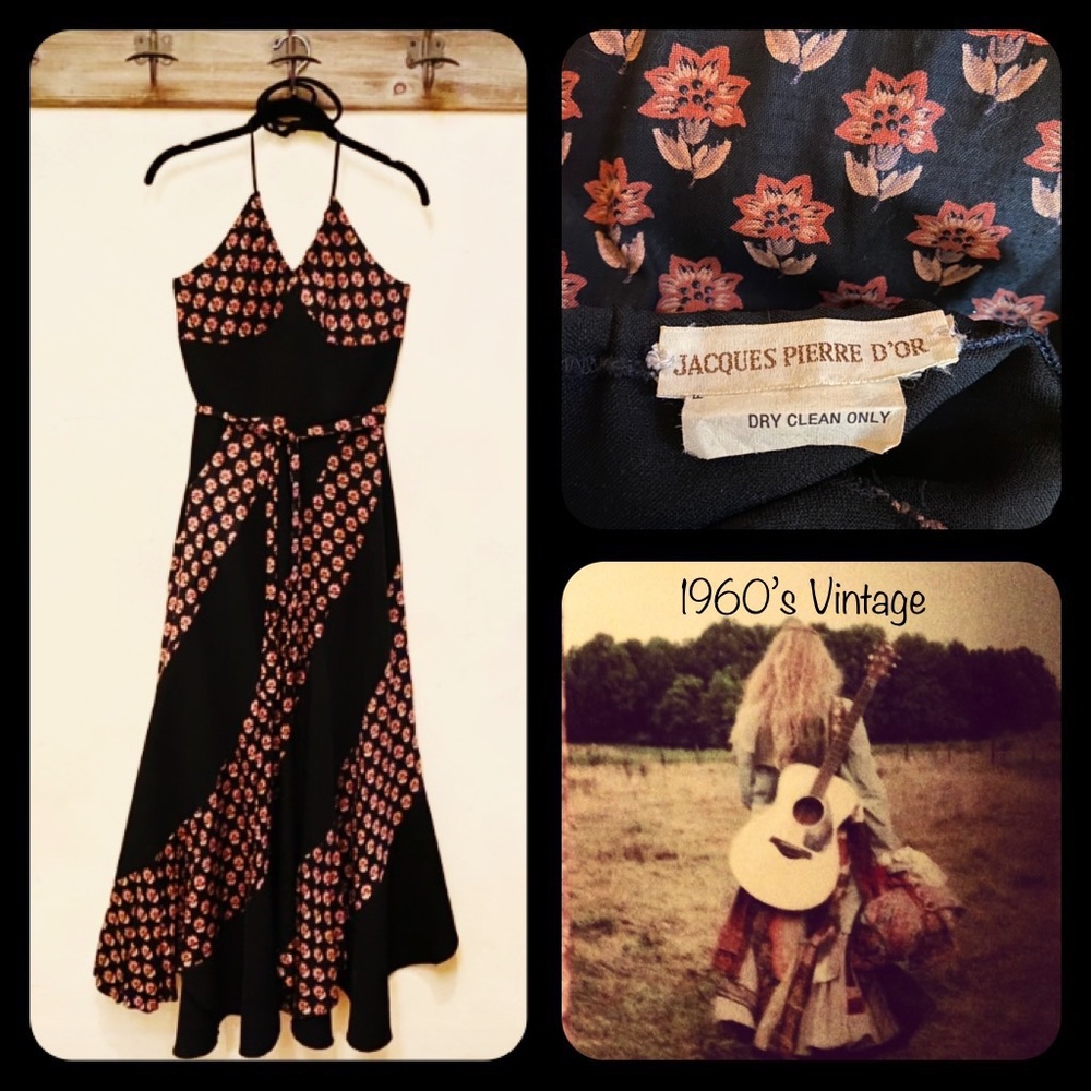 🌺Rare 1960’s Vintage PIERRE JACQUES For D’OR Flowered Halter Tie Long Dress-S